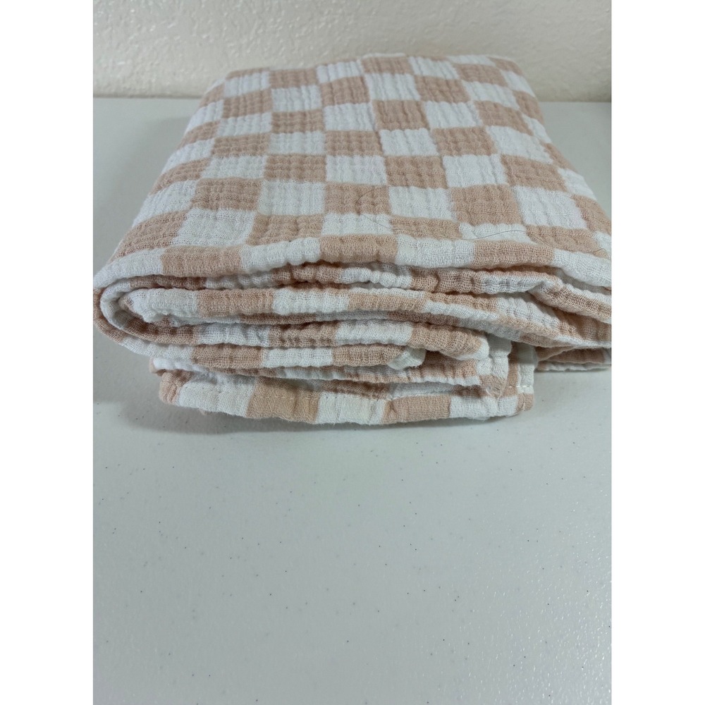 Tan White Checkered Muslin Baby Swaddle Blanket 100% Cotton 44x46 Nursing Loop
